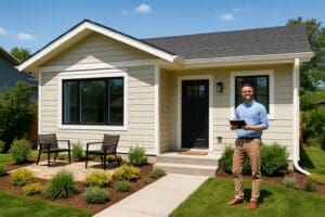 A modern renovated house with fresh paint, energy-efficient windows, a neat front yard, and a person standing near the entrance holding a tablet.
