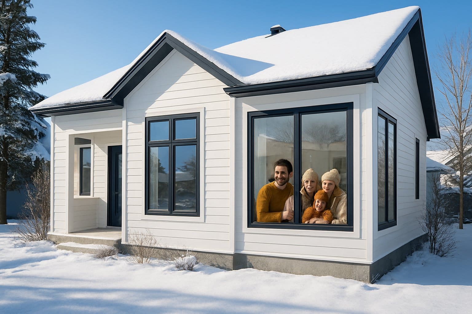A modern home in a snowy neighborhood with new triple-pane windows reflecting the winter outdoors and a family inside enjoying a warm interior.