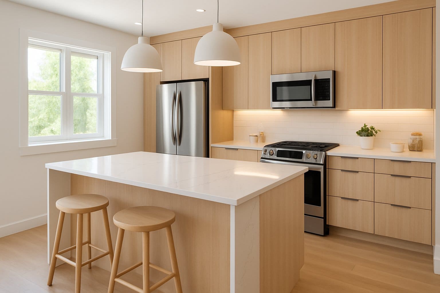 A modern kitchen with quartz countertops, light wood cabinets, stainless steel appliances, and a large island under natural light.