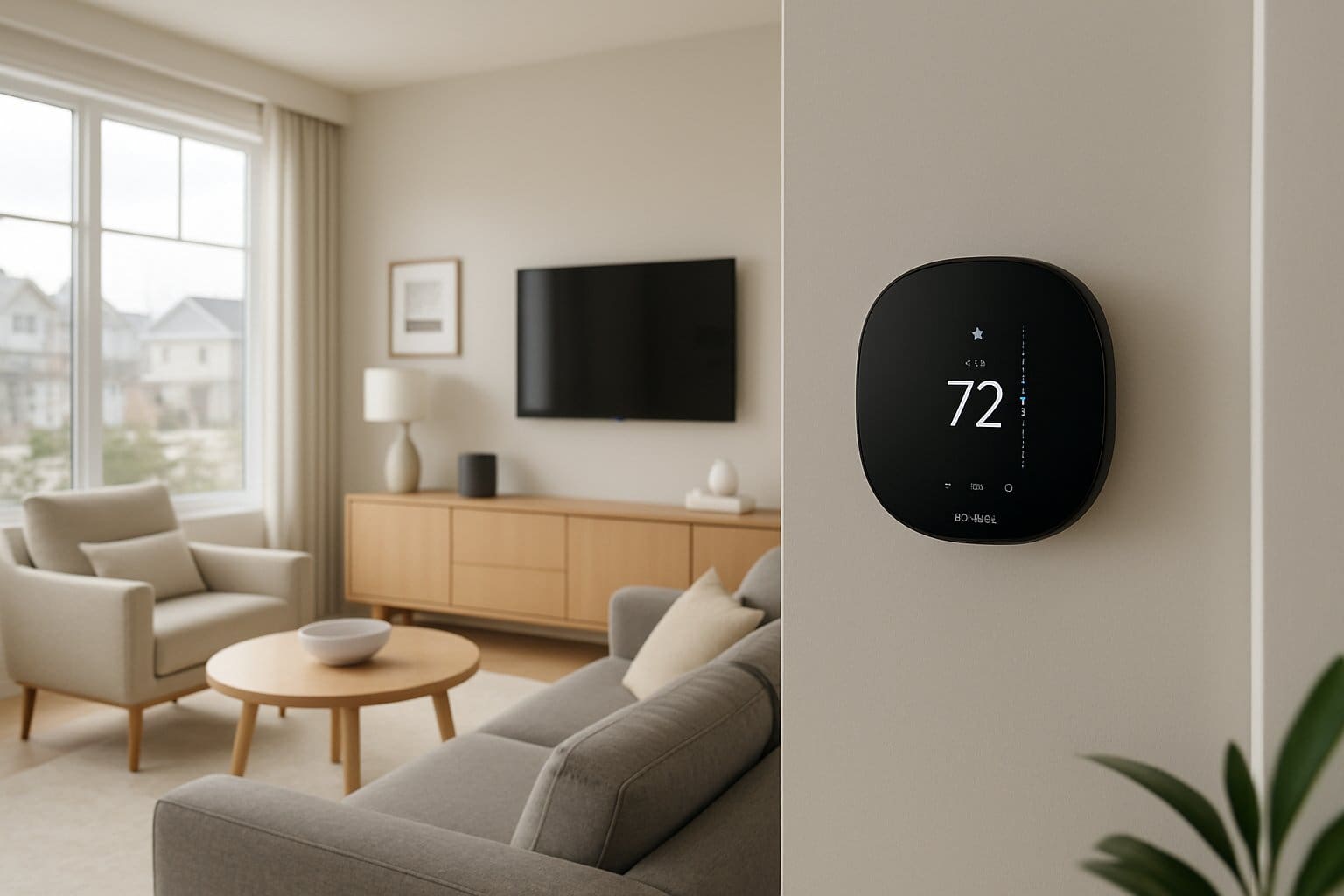 A modern living room with a smart thermostat mounted on the wall near a doorway.