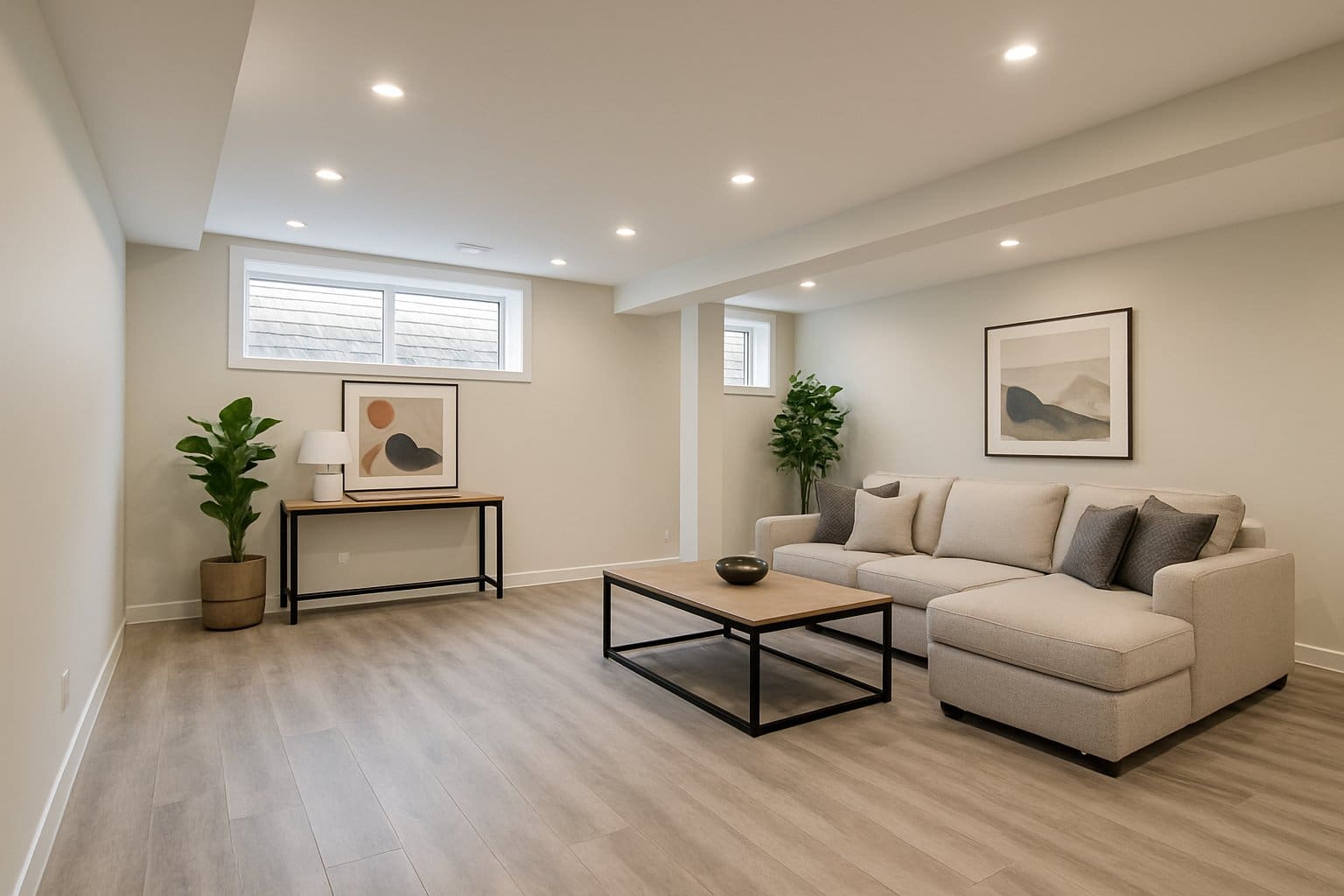 A finished basement with durable flooring, LED lighting, and comfortable furniture creating a bright and inviting living space.