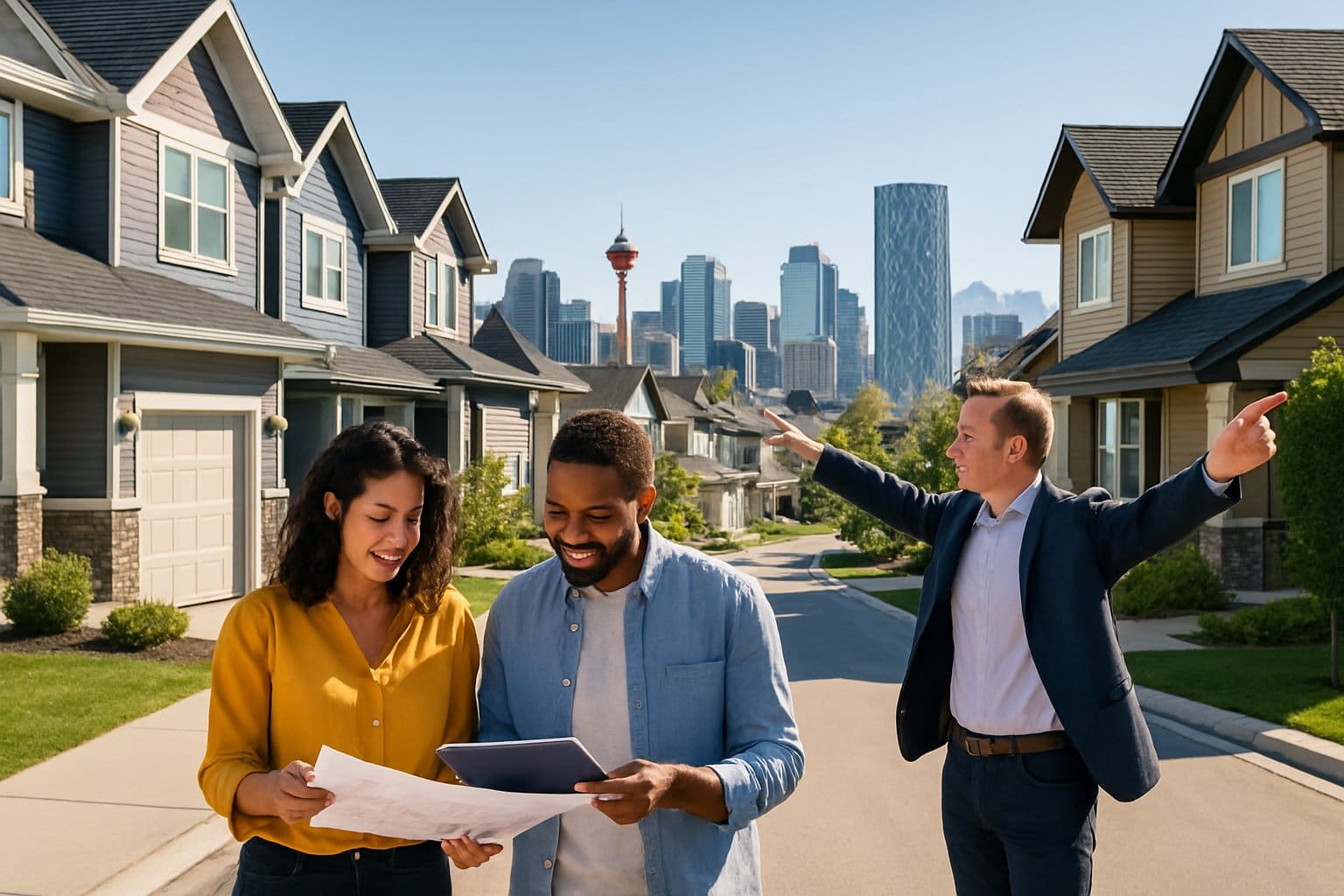 A couple and a professional discussing home renovation plans outside a house in a Calgary neighborhood with the city skyline and mountains in the background.