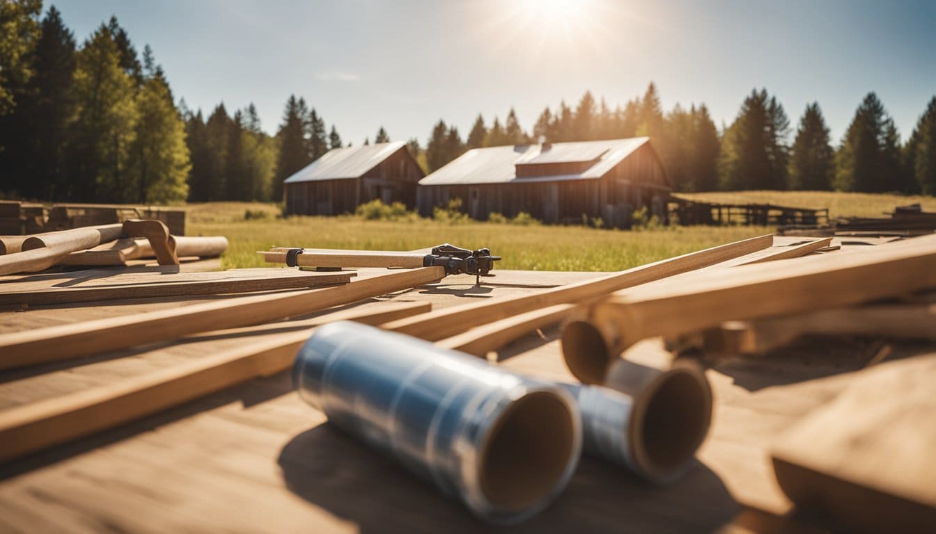 A sunny rural landscape with a blueprint of a barn, lumber, and construction tools scattered around
