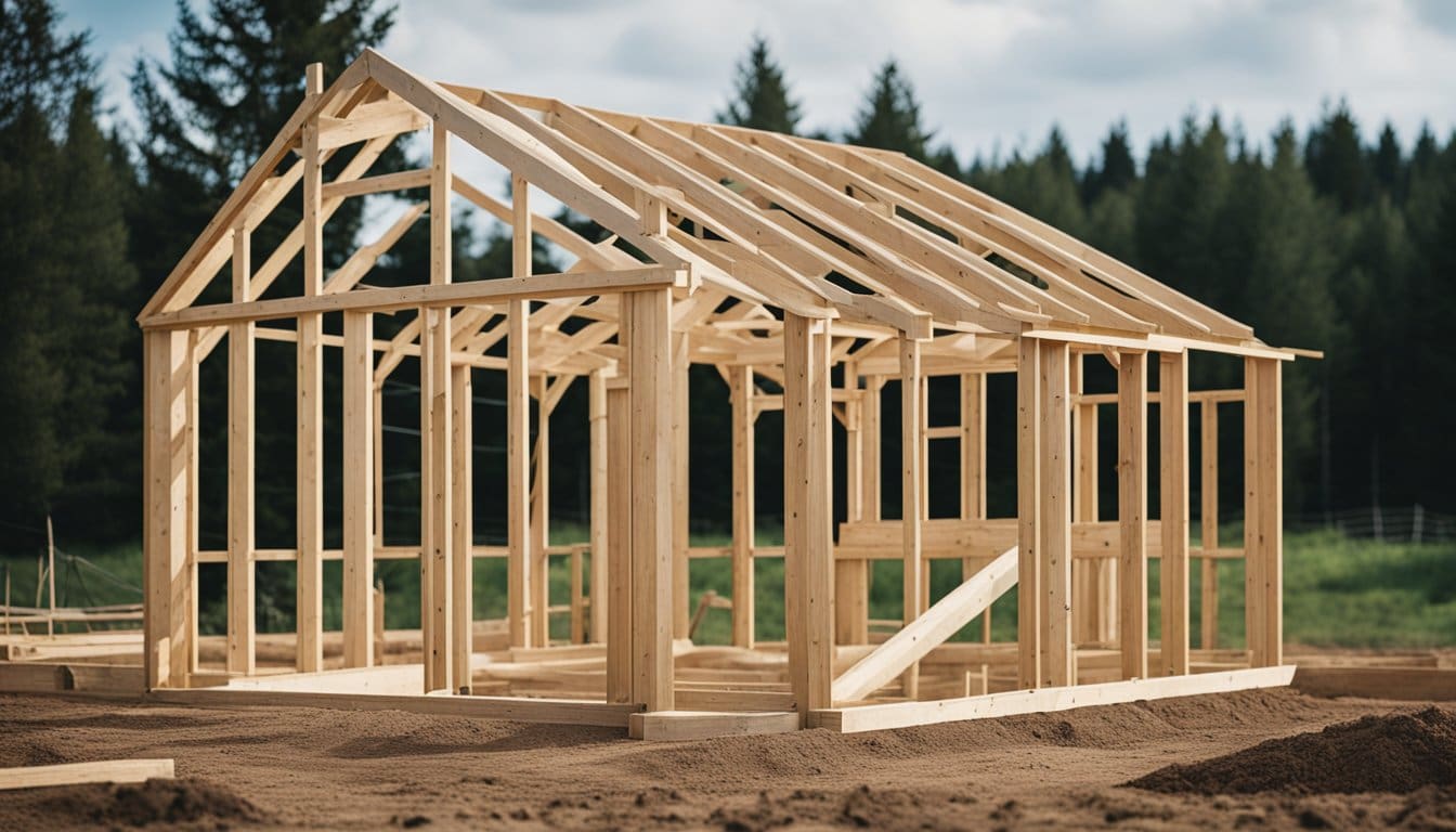 A barn being constructed with wooden framing and a solid foundation