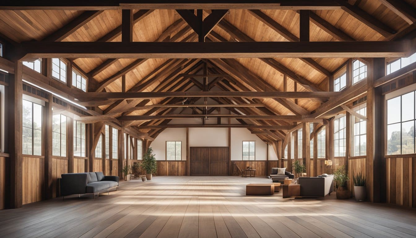 A spacious barn with rustic wooden beams, large windows, and modern utilities seamlessly integrated into the design