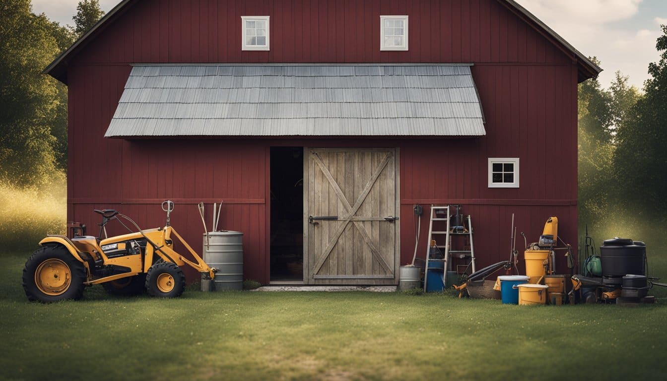 A rustic barn with a fresh coat of paint, surrounded by tools and equipment for maintenance