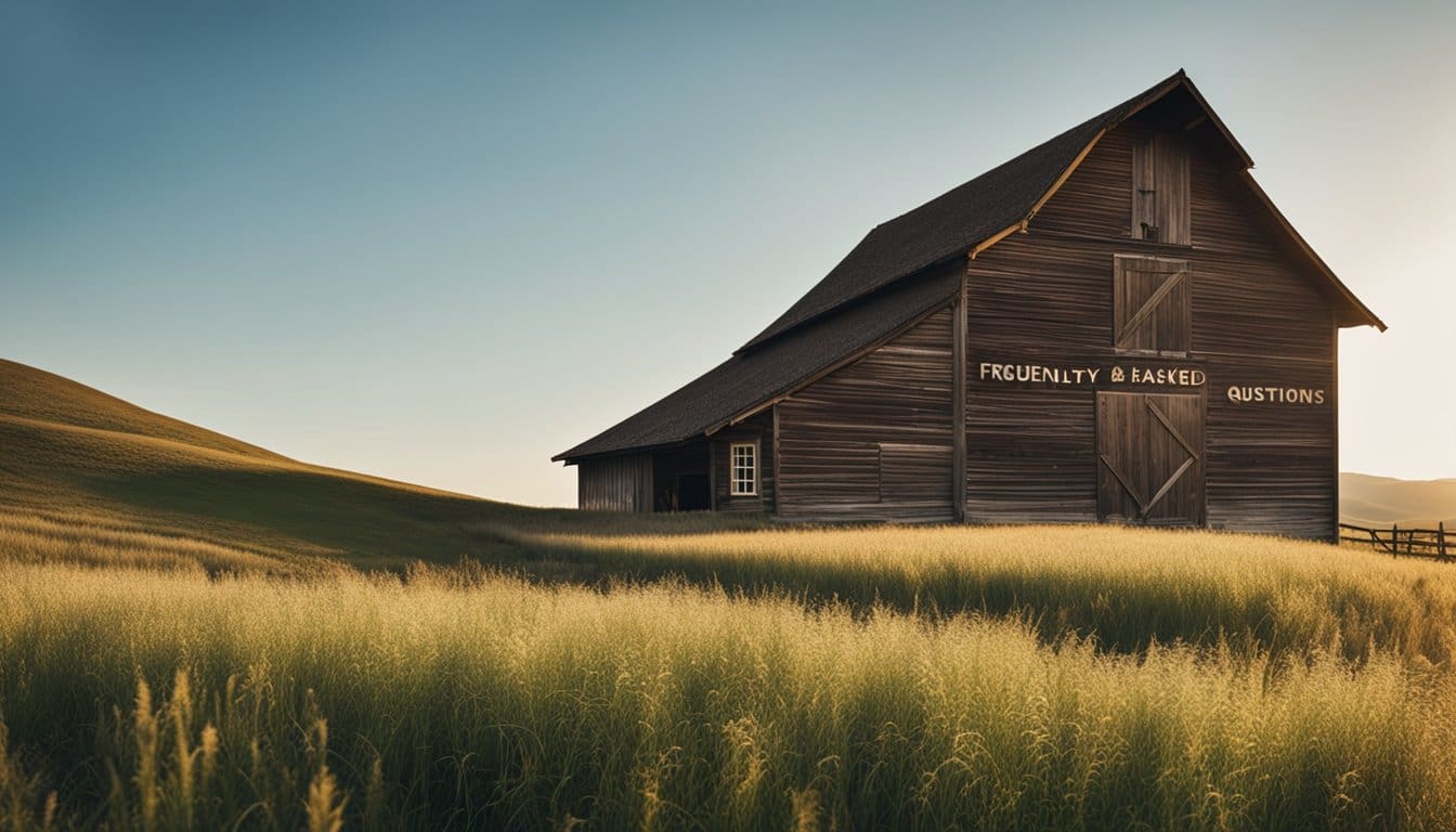 A rustic barn surrounded by rolling hills and a clear blue sky, with a sign reading "Frequently Asked Questions Barn Building" on the front
