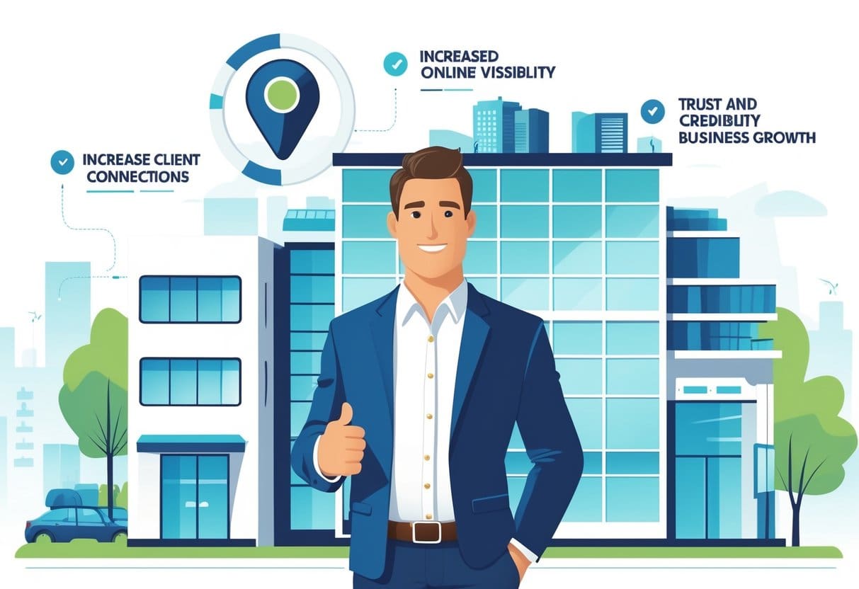 A contractor standing in front of an office building with a map marker icon nearby, surrounded by four icons representing client connections, online visibility, trust, and business growth.