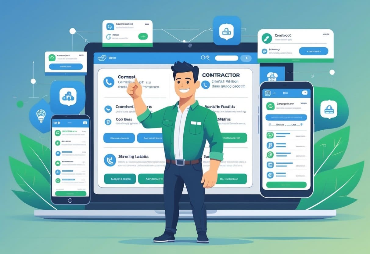 A contractor standing in front of multiple digital screens showing consistent business information across various platforms, symbolizing trust and reliability.