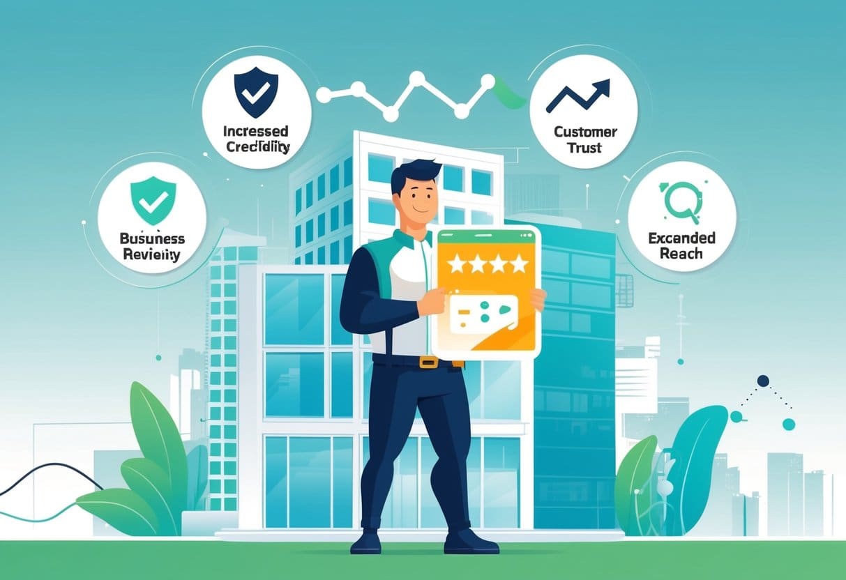 A contractor holding a tablet showing customer reviews with star ratings, standing in front of an office building with icons representing credibility, business growth, trust, and network connections around them.