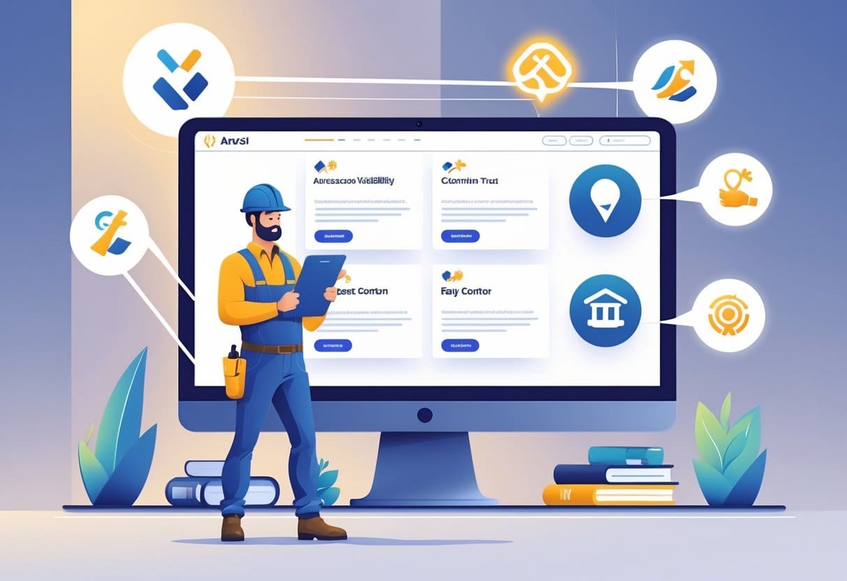 A contractor wearing a hard hat stands in front of a computer screen showing icons of popular contractor directories, surrounded by four floating symbols representing business benefits.