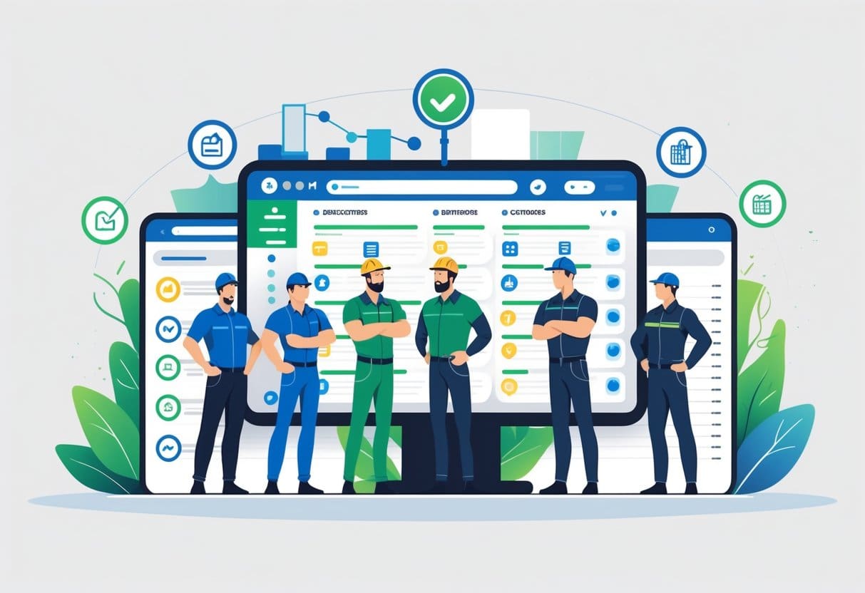 A group of contractors standing around a large digital directory showing profiles, surrounded by icons representing visibility, trust, networking, and hiring benefits.