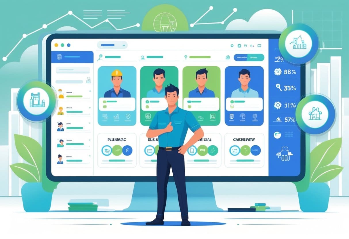 A business owner stands in front of a digital directory showing contractor profiles and four icons representing business benefits in a modern office setting.