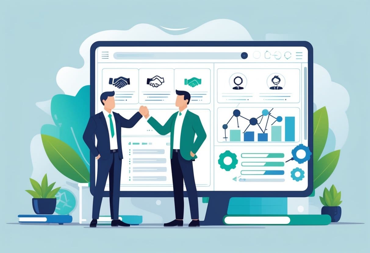 A businessperson standing beside a digital directory interface showing contractor profiles with icons representing trust, networking, growth, and efficiency in a professional office setting.